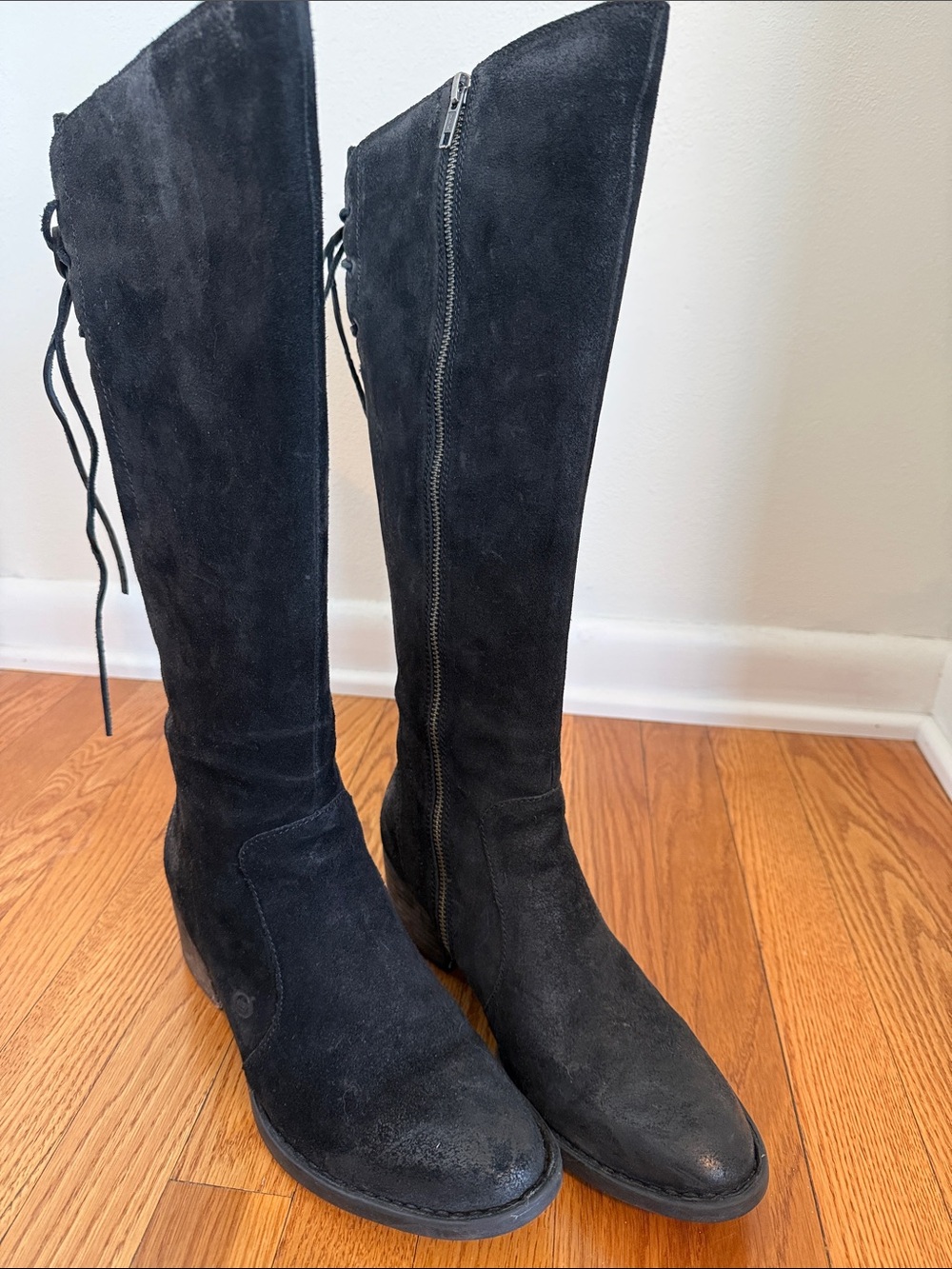 Born Black Suede Knee Boots with Back Tie and Side Zipper